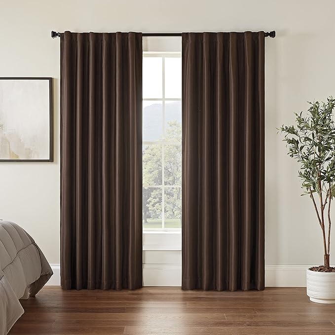 Eclipse Fresno Modern Blackout Thermal Rod Pocket Window Curtain for Bedroom (1 Panel), 52 in x 108 in, Espresso