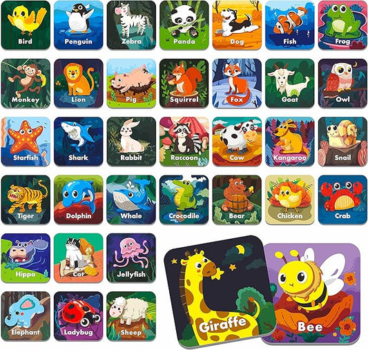 Hebayy 36 Pair Animal Matching Memory Game Flash Cards for Toddlers, Preschool, Kindergarten and Home. Erasable, Fun & Fast, Travel Friendly, Skill Building. Size 2” x 2”(5 x 5 cm)