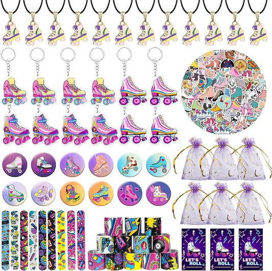 122 PCS Roller Skate Party Favors Skating Party Supplies with Key Chains Button Pins Stickers Rubber Bracelets for Hip Hop Disco 80s 90s Themed Party (style 2)