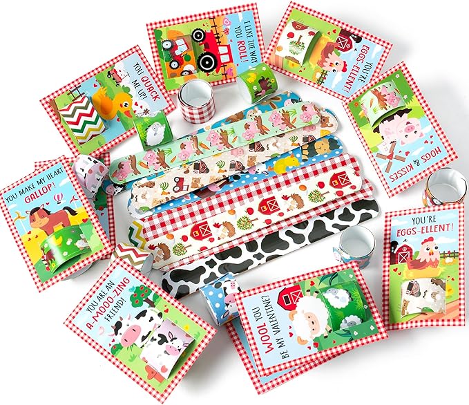 Haooryx Valentine's Exchange Gifts Bulk - 28 Pack Valentine's Day Farm Animal Slap Bracelets Inspired Greeting Cards Student Prize Activity Farmland Classroom School Kids' Multi-Item Party Favor Packs