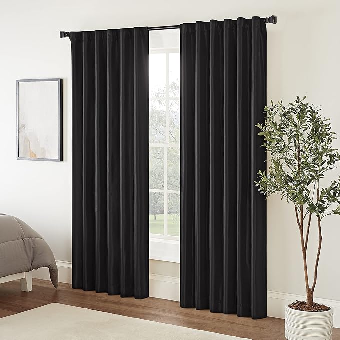 ECLIPSE Fresno Modern Blackout Thermal Rod Pocket Window Curtain for Bedroom (1 Panel), 52" x 95", Black
