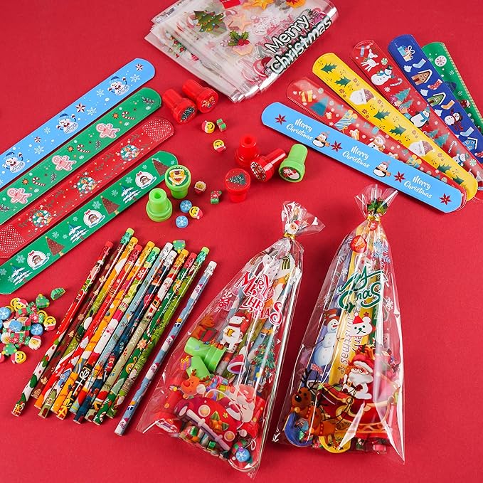 360 Pieces Christmas Stationery Party Favors Bulk: Christmas Pencil Eraser Slap Bracelets Stamps Treat Bags for Kids Classroom Gift Exchange School Games Prizes Reward Prizes Carnival Events