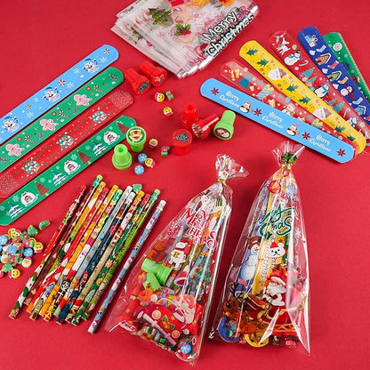 360 Pieces Christmas Stationery Party Favors Bulk: Christmas Pencil Eraser Slap Bracelets Stamps Treat Bags for Kids Classroom Gift Exchange School Games Prizes Reward Prizes Carnival Events