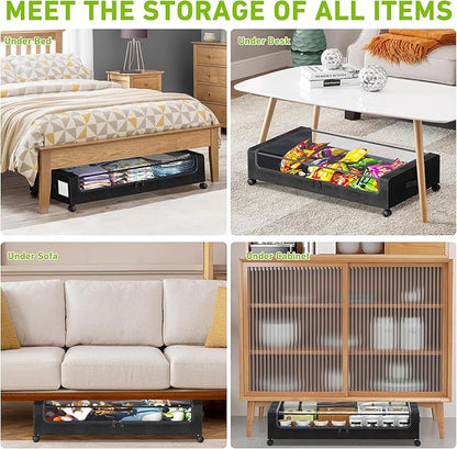 Tututry Under Bed Storage with Wheels, XXL 60L Under the Bed Storage Bins, Underbed Storage Containers with Lids & Label, Rolling Metal Drawer for Shoes, Clothes, Books, Toys (4-Pack Black)