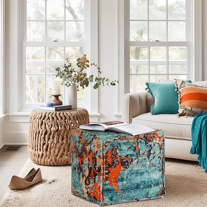 COTTON CRAFT Printed Pouf - Ottoman Foot Stool Bean Bag - Dorm Kids Room Bedroom Home Décor Accent Seating - Boho Modern Comfortable Prefilled Cotton Square Pouf Footrest - 17x17x17 inch - Teal Aqua