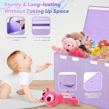 Mabahoo Extra Large Toy Box, Toy Chest for Kids Boys Girls, Collapsible Sturdy Storage Organizer with Mesh Pockets, 40"x14"x16" Kids Box Bins Baskets for Nursery, Playroom, Purple