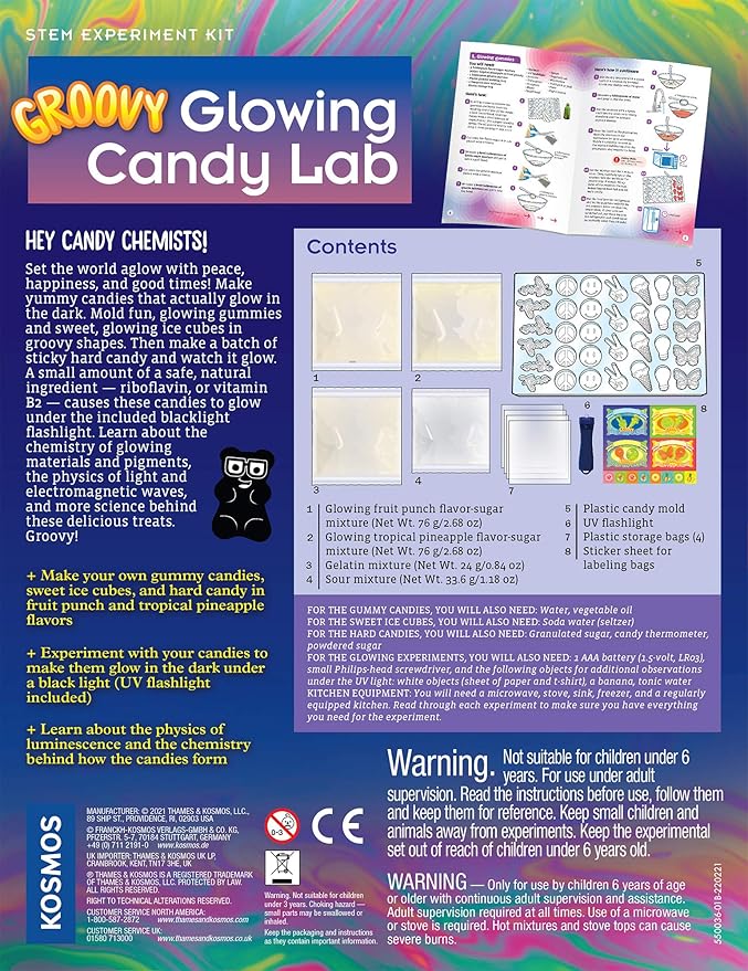 Thames & Kosmos Groovy Glowing Candy Lab STEM Kit | Make Glow-in-the-Dark Candies, Ice Cubes | Explore Luminescence & Chemistry of Gummies | Cool Shapes, Flavors, Safe to Eat | Includes LED Flashlight