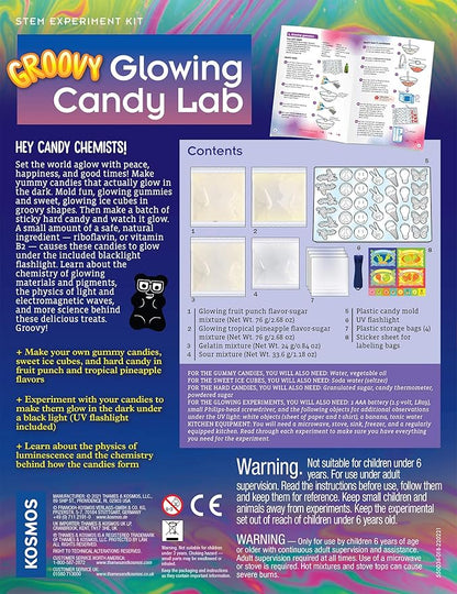 Thames & Kosmos Groovy Glowing Candy Lab STEM Kit | Make Glow-in-the-Dark Candies, Ice Cubes | Explore Luminescence & Chemistry of Gummies | Cool Shapes, Flavors, Safe to Eat | Includes LED Flashlight