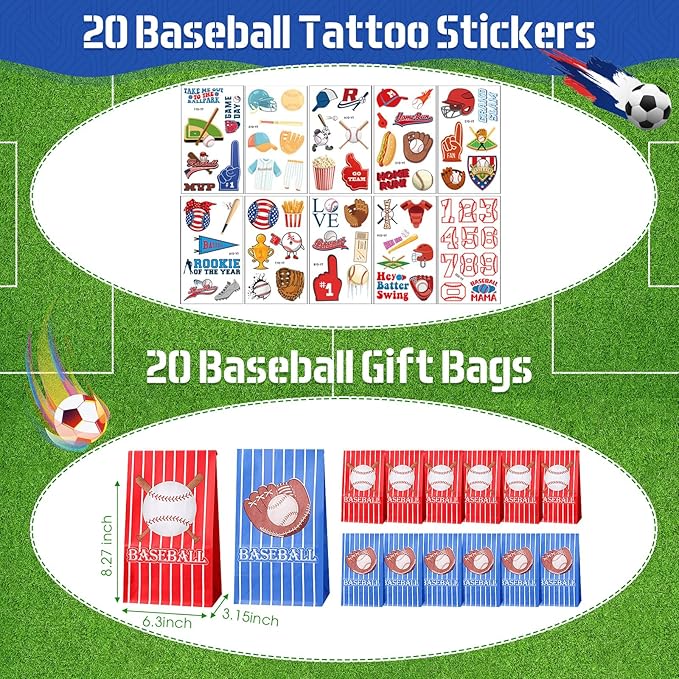 Jenaai 130 Pcs Baseball Party Favors Includes Baseballs Slap Bracelets Party Gift Bags Silicone Keychain Baseball Tattoo Baseball Stickers for Baseball Themed Sports Party Favors for Kids Students