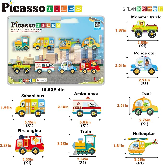 PicassoTiles Magnet Building Blocks Metro City 8 Vehicle Magnetized Action Figures Compatible Magnetic Structural Build Magnets Tile Accessory Playset STEAM Educational Learning Toys Ages 3+ PTA24