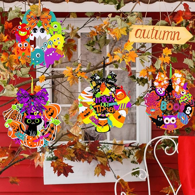 Winlyn 12 Sets Halloween Craft Kits Fall Crafts DIY Halloween Wreath Decorations Art Sets Pumpkin Monster Candy Corn Spider Bat Arts and Crafts Halloween Foam Stickers for Kids Classroom Activities
