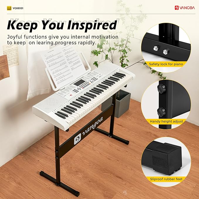 Vangoa Piano Keyboard for Beginners, VGK6101 61 Key Learning Keyboard Piano w/Lighted Keys, Electric Piano Keyboard with 600 Voices & 50 Demos, Stand/Microphone, USB, Record, Split for Students