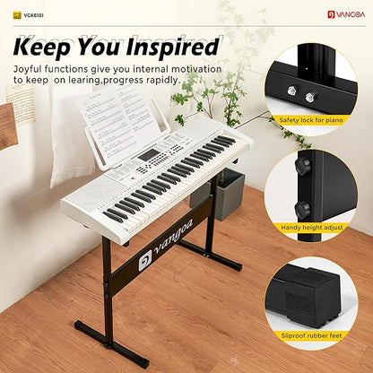 Vangoa Piano Keyboard for Beginners, VGK6101 61 Key Learning Keyboard Piano w/Lighted Keys, Electric Piano Keyboard with 600 Voices & 50 Demos, Stand/Microphone, USB, Record, Split for Students