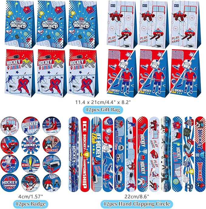 113 PCS Hockey Party Favors Set ,41 Hockey Stickers, 12 Goodie Bags,12 Button Badges,12 Slap Bracelets, 12 Balls, 12 Pencils, 12 Keychains for Ice Hockey Sports Party Birthday Gift Supplies