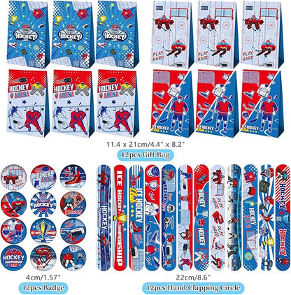 113 PCS Hockey Party Favors Set ,41 Hockey Stickers, 12 Goodie Bags,12 Button Badges,12 Slap Bracelets, 12 Balls, 12 Pencils, 12 Keychains for Ice Hockey Sports Party Birthday Gift Supplies