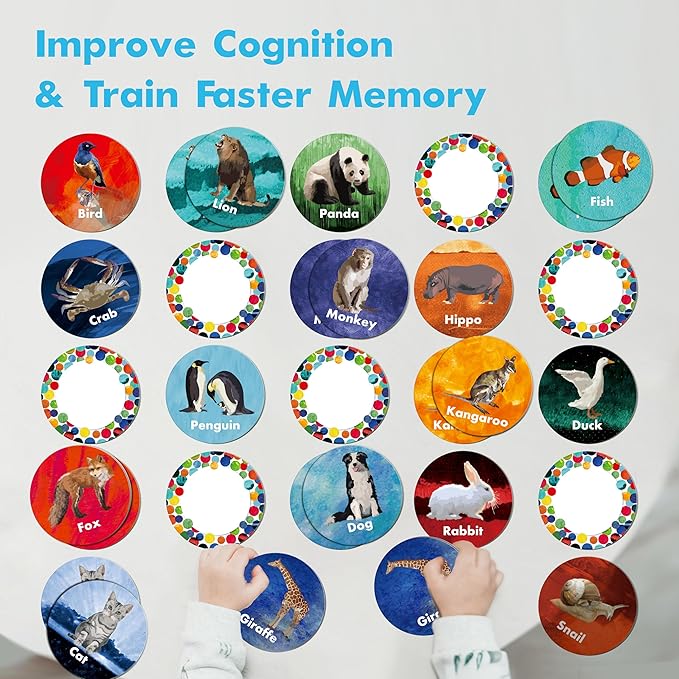 Realistic Animal Matching Game, 50 PCS Round Animal Memory Matching Cards for Toddlers 25 Pairs Real Animal Memory Cards Educational Toys for Preschool Boys & Girls 4 5 6 Years Old