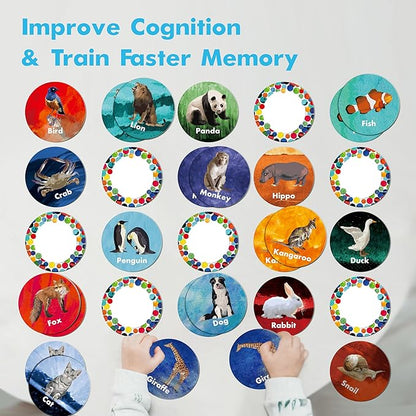Realistic Animal Matching Game, 50 PCS Round Animal Memory Matching Cards for Toddlers 25 Pairs Real Animal Memory Cards Educational Toys for Preschool Boys & Girls 4 5 6 Years Old