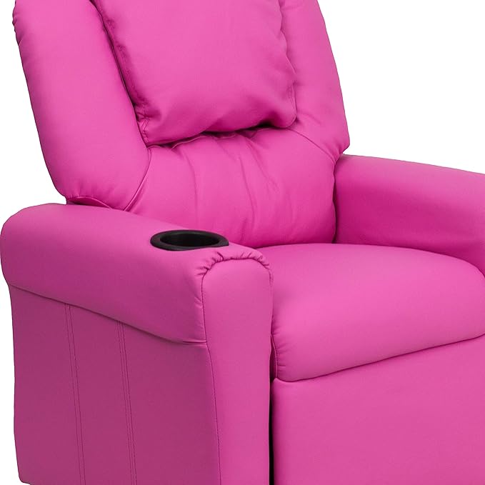 Flash Furniture Vana Vinyl Kids Recliner with Cup Holder, Headrest, and Safety Recline, Contemporary Reclining Chair for Kids, Supports up to 90 lbs., Hot Pink