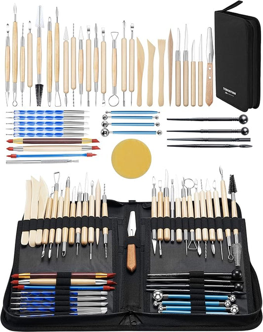 TEMONTIAN Clay Sculpting Tools Kit，Pottery Tools Kit，Clay Tools，Air Dry Clay Tools，44Pcs Double Sided Polymer Clay Tools for Adults,with Upgraded Carrying Case