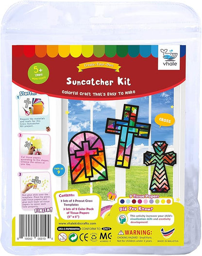 VHALE Suncatchers Craft 3 Sets (9 Cutouts) w Tissue Papers Stained Glass Effect Paper Sun Catcher Kit, Window Art, Classroom Crafts, Creative Art Projects, Kids Party Favors (Cross)