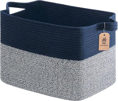 Goodpick Woven Baskets for Organizing, 18" x 14" x 12" Large Storage Basket for Living Room Bedroom, Decorative Toy Baskets Storage Kids Rectangle Blanket Basket with Handles, Dark Blue