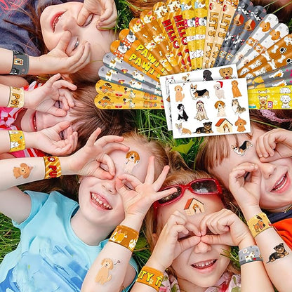 48PCS Dog Party Favors - 24PCS Tattoos & 24PCS Snap Bracelets - Puppy-Themed Birthday Supplies, Cute Decorations, Classroom Prizes, Gifts for Kids
