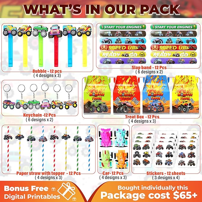 Monster Truck Party Favor 84 PCS Monster Truck Mini Pull Cars Treat Box Slap Bracelets Keychain Bubble Paper Straws Gift Rewards for Kids Birthday Supply
