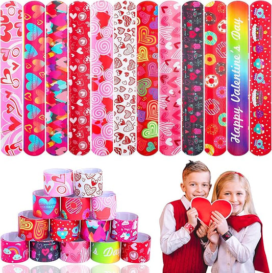 JUNEBRUSHS 56 PCS Valentines Slap Bracelets Valentine Day Party Favors Holiday Slap Wristbands Bulk Valentines Toys Prizes for Kids Girls Boys Birthday Party Supplies Classroom Prize
