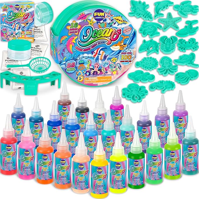 Ocean Magic Water Elves Toys Kit, FunKidz Aqua Squishy Craft Kit for Kids 25 Bright Ocean Colors Gel 16 Ocan Creature Molds Great Birthday Gift for Boys Girls Summer Activities