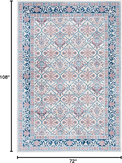 SAFAVIEH Brentwood Collection 6' x 9' Beige / Navy BNT870B Oriental Damask Trellis Non-Shedding Living Room Bedroom Dining Home Office Area Rug