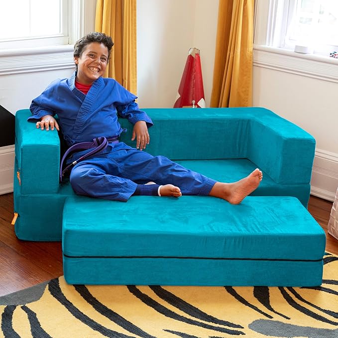Jaxx Zipline Kids Sofa & Large Ottoman, 3 in 1 Fold Out Sofa, Big Kids Edition, Teal