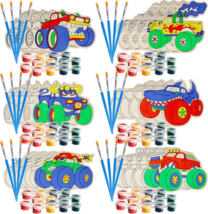 Kids Valentine's Day Cards - Monster Trucks Wood Painting Craft Kits (24ct)- Each Valentines Card Includes Craft w Paints, Brush, and Sticker- Make Classroom School Exchange Gifts Fun for Boys & Girls