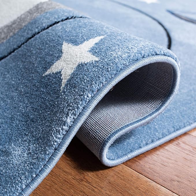 SAFAVIEH Carousel Kids Collection 6'7" Square Blue/Grey CRK140M Sloth Astronaut Non-Shedding Playroom Nursery Bedroom Area Rug