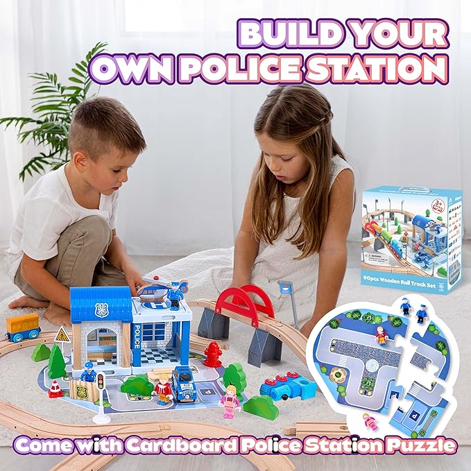 102Pcs Wooden Train Set for Toddlers, Wooden Train Track - Expandable and Changeable, Safe Educational Train Toys Gift for Boys & Girls Kids Ages 3-5 4-8, Compatible with All Major Brands