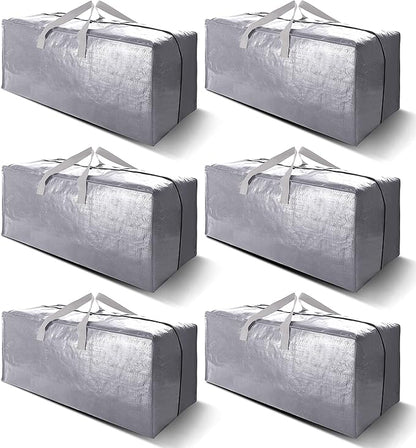 VELVETSURE Heavy Duty Extra Large Moving Bags W/Backpack Straps - Strong Handles & Zippers, Storage Totes For Space Saving, Fold Flat, Alternative to Moving Box and Storage Bin (Set of 6, Silver)