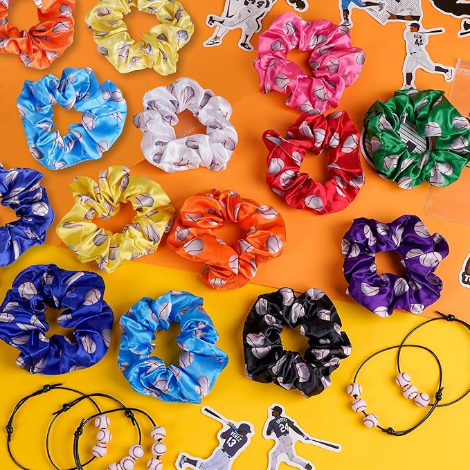 Baseball Party Favor Set: 20 Satin Scrunchies with Baseball Design, 20 Baseball Bracelets, 100 Baseball Stickers for Sports Themed Celebrations