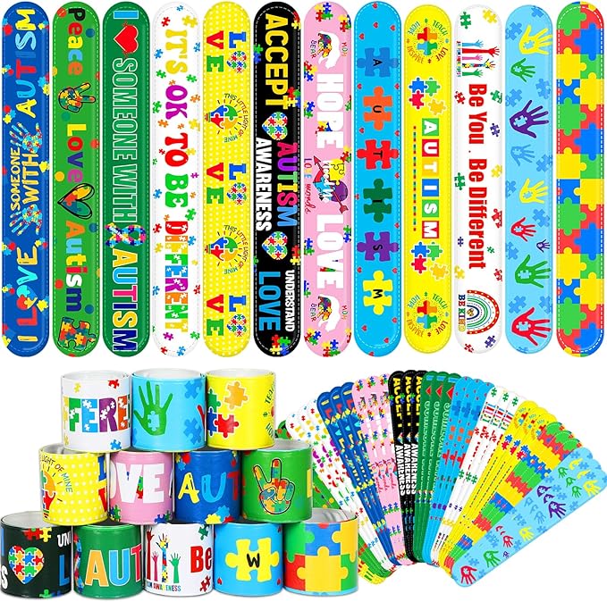 JUNEBRUSHS 56Pcs Autism Awareness Slap Bracelets, Colorful Puzzle Pieces Autism Bracelet Wristbands Inspirational Autism Awareness Accessories for Kids Teens Adult Motivational Gifts Party Supplies