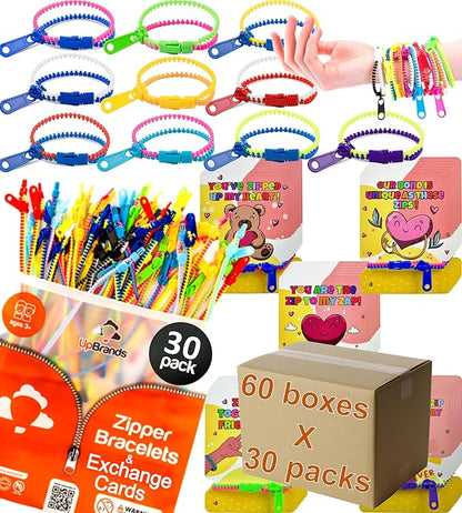 UpBrands Case Pack of 60 Boxes x 30 Valentine's Day Cards with Bi-Color Fidget Zipper Bracelets Per Box – Bulk Valentine’s Gifts for Schools, Charities, and Businesses