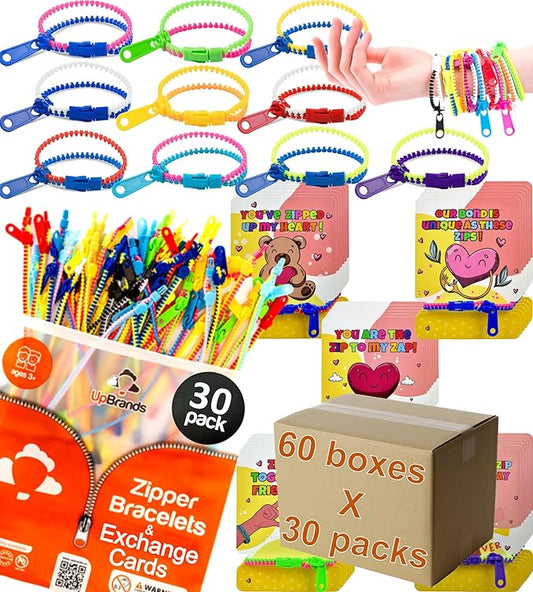 UpBrands Case Pack of 60 Boxes x 30 Valentine's Day Cards with Bi-Color Fidget Zipper Bracelets Per Box – Bulk Valentine’s Gifts for Schools, Charities, and Businesses