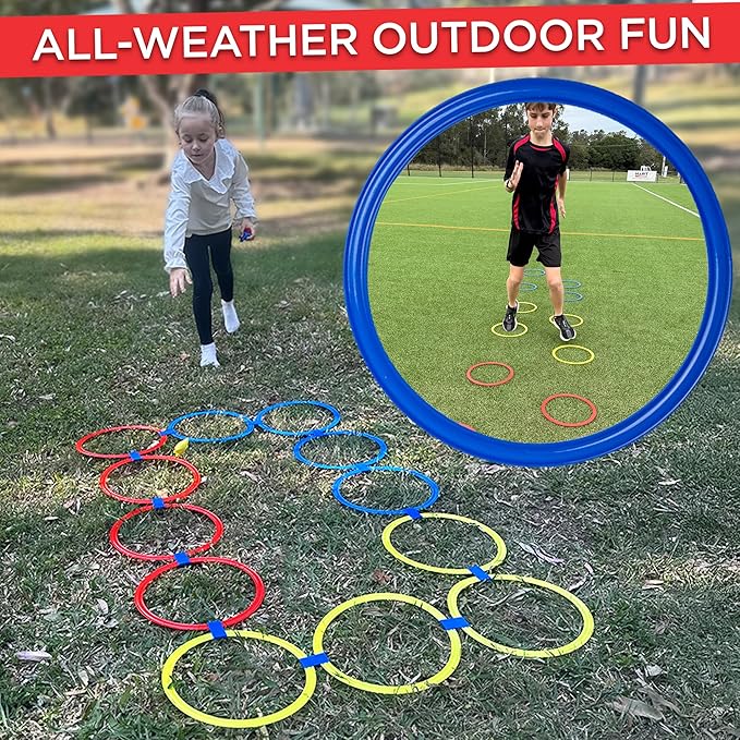 Hopscotch Rings, 12 x 11 Inch Rings & 3 Bean Bags, Play Hopscotch Outdoor & Indoor Obstacle Course for Kids 3-5, Recess Toys & Physical Education Equipment, Gross Motor Games PE Equipment