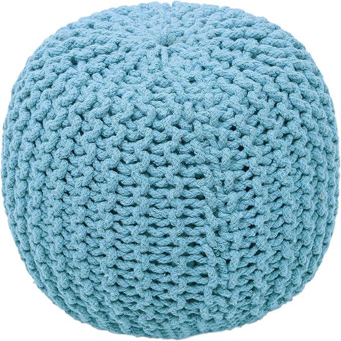 The Home Talk Ottoman Floor Poufs for Living Room Hand Knitted Foot Rest Comfortable Pouffe 100% Cotton Braid Cord Bean Bag for Armchair, Bedroom, Décor, 18"x18"x14", Turquoise