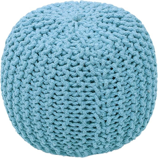 The Home Talk Ottoman Floor Poufs for Living Room Hand Knitted Foot Rest Comfortable Pouffe 100% Cotton Braid Cord Bean Bag for Armchair, Bedroom, Décor, 18"x18"x14", Turquoise