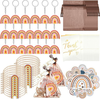 130 Pcs Rainbow Party Favors Including 20 Bohemia Bracelet 20 Rainbow Keychains 50 Rainbow Stickers 20 Organza Bags 20 Thank You Tags for Rainbow Baby Shower Party Decorations