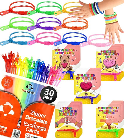 UpBrands 30 Valentine's Day Cards for Kids School & Fidget Zipper Bracelets Party Favors Toys, Bulk Valentine's Day Gifts for Kids, Classroom Exchange Gifts & Student Incentives
