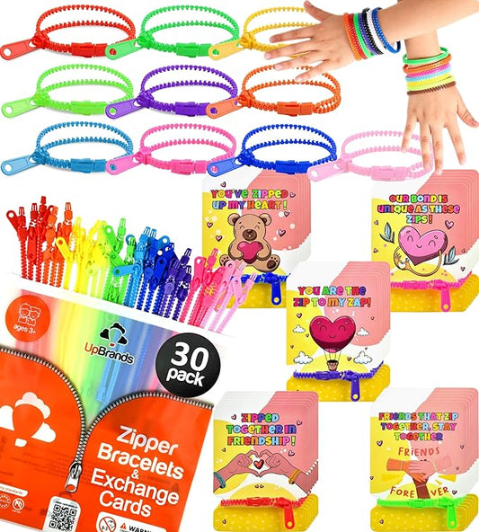 UpBrands 30 Valentine's Day Cards for Kids School & Fidget Zipper Bracelets Party Favors Toys, Bulk Valentine's Day Gifts for Kids, Classroom Exchange Gifts & Student Incentives