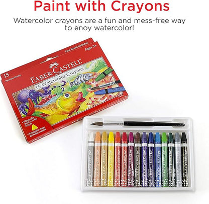 Faber-Castell Watercolor Crayons with Brush, 15 Colors - Premium Quality Art Supplies for Kids