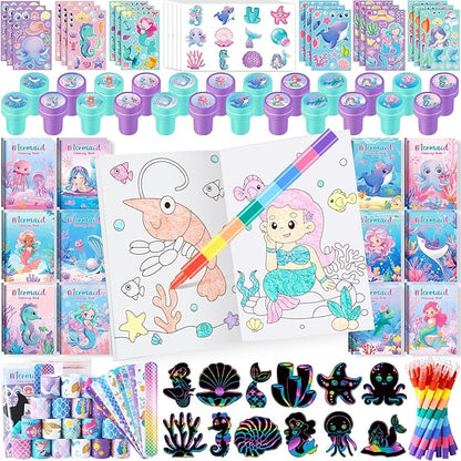 BenLouis 96Pcs Mermaid Party Favors Little Mermaid Coloring Books Crayon Stickers Set Bulk for Kids Mermaid Birthday Decor Baby Shower Candy Goodie Bag Stuffer Classroom Rewards Pinata Supplies