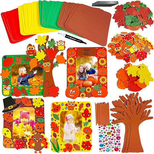 Winlyn 12 Sets Fall Craft Kits Fall Thanksgiving Picture Frame Decorations Art Sets Tree of Thanks Turkey Owl Smile Face Pumpkin Autumn Leaf Foam Stickers Arts and Crafts for Kids Party Activities