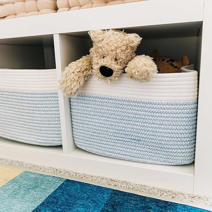 OrganiHaus Cotton Rope Basket for Shelf - Woven Storage Basket for Organizing, Closet & Toy Storage - Blue/White - 15x9x10