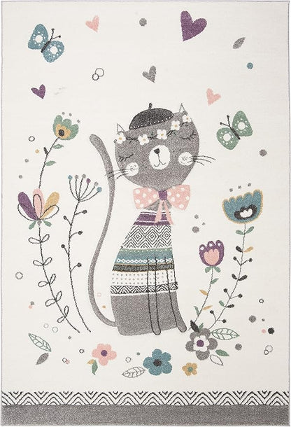 SAFAVIEH Carousel Kids Collection Area Rug - 8' x 10', Ivory & Pink, Cat Design, Non-Shedding & Easy Care, Ideal for High Traffic Areas for Boys & Girls in Playroom, Nursery, Bedroom (CRK187A)